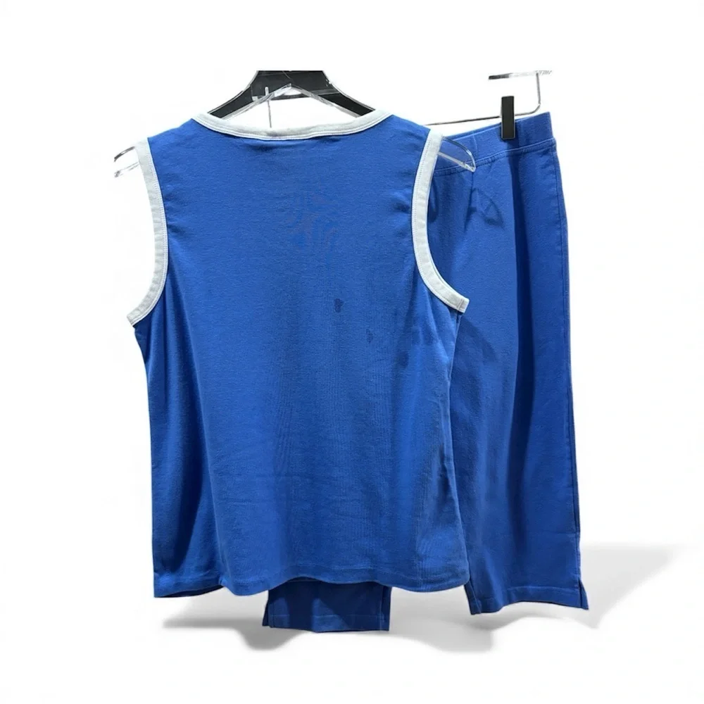 Blue and White Comfy Sleeveless Top and  Cropped Pants Set